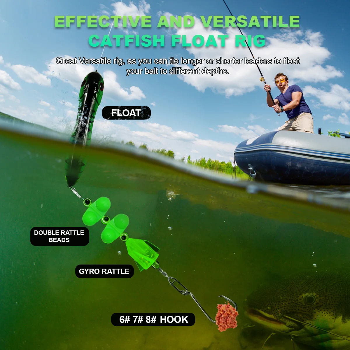 Plataformas de bagre ZYZ 1 pieza con 6/0 # 7/0 # 8/0 # Anzuelos circulares, cebo falso, flotador y cuentas de timbre, Ideal para juegos de pesca de bagre - imagen 5