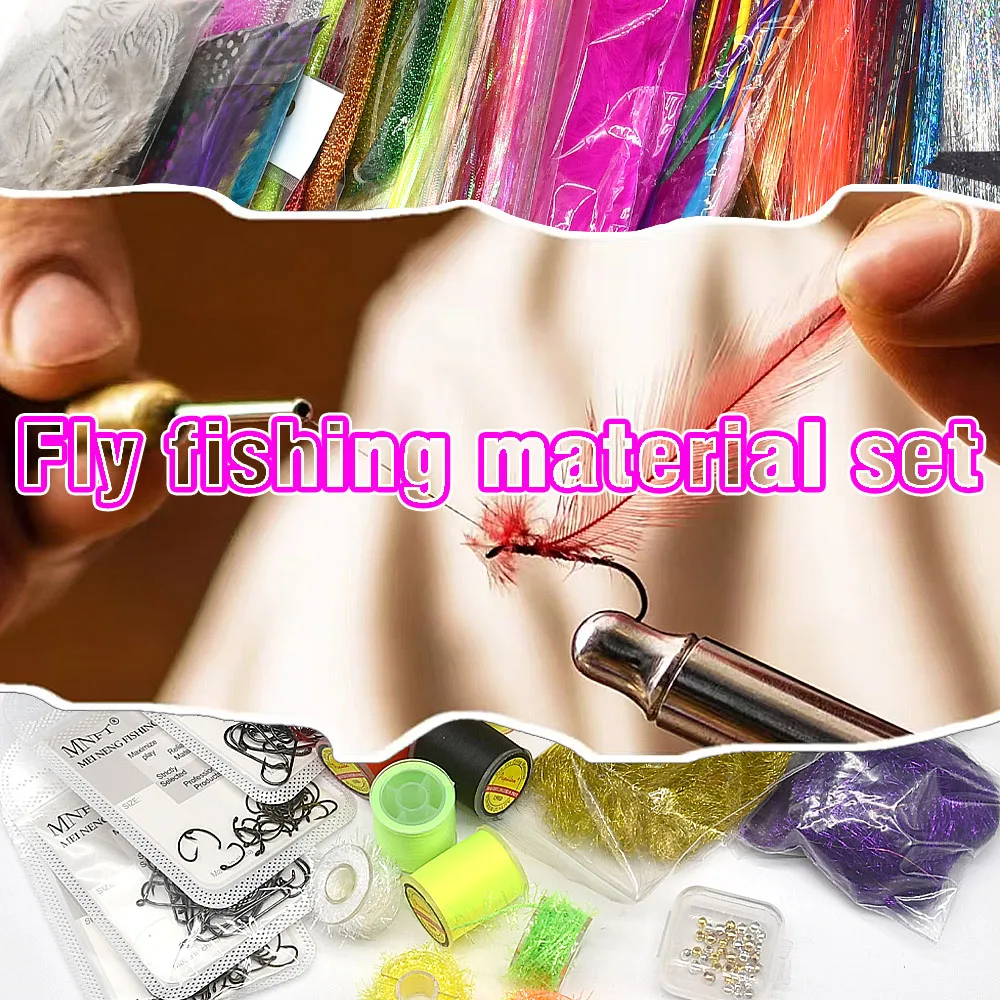 MNFT-Kit de Material para atar moscas para principiantes, hilo de piel de plumas, ganchos de línea de destello de cristal, materiales para atar moscas, Kits de inicio - imagen 3