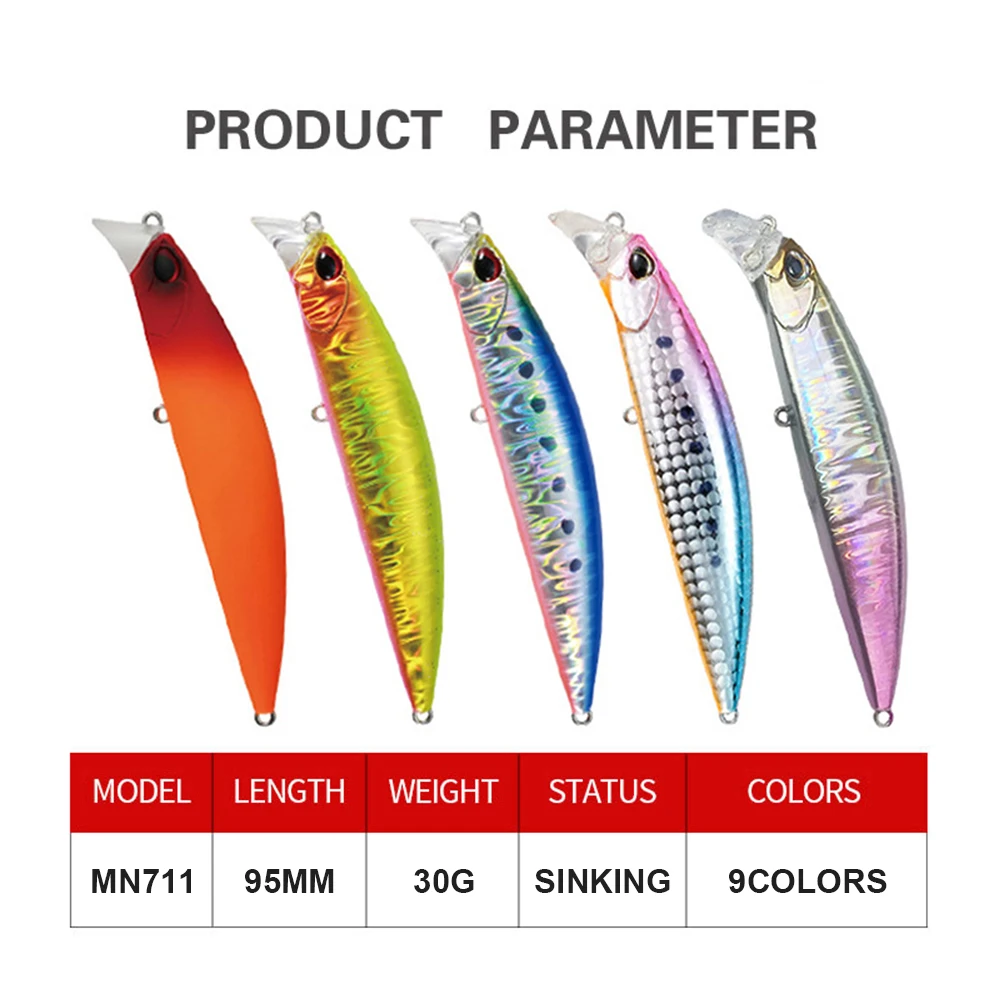 Señuelos de Pesca que se hunden Minnow Wobbler, cebo duro Artificial de fundición larga, accesorios de pesca de agua salada, lubina MN711, 9,5 cm, 30g - imagen 4