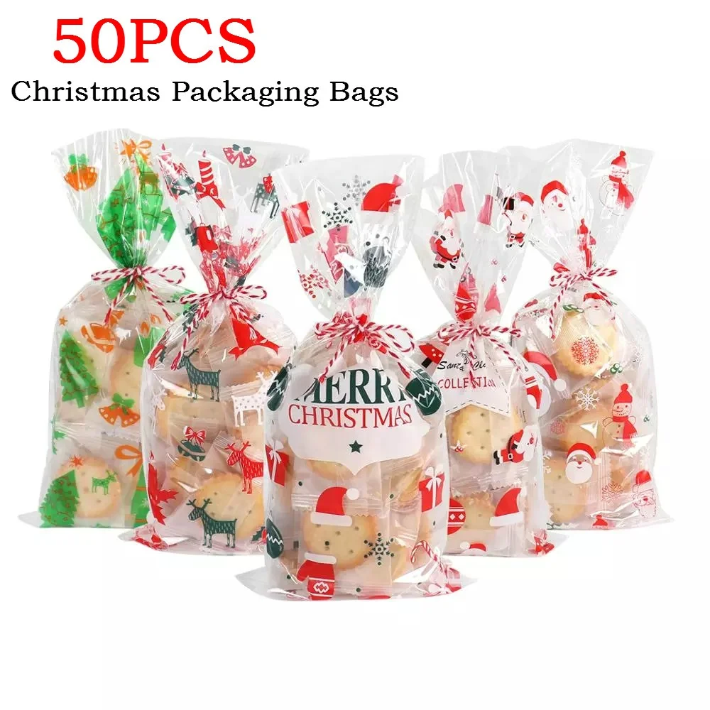 50 Uds. Bolsas de PVC de alce y árbol de Navidad de Papá Noel, bolsa de regalo transparente para regalo de Navidad, bolsas de embalaje para galletas y dulces para hornear