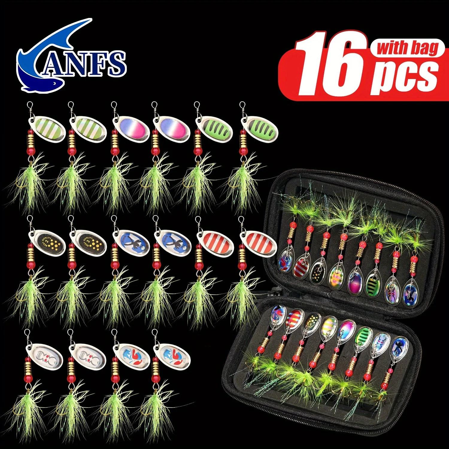 ANFS 16 Uds. Señuelos de pesca de Metal duro-señuelos de trucha, hilanderos de pesca, señuelos giratorios con bolsa de transporte portátil, Kit de Señuelos de Pesca con cuchara - imagen 3