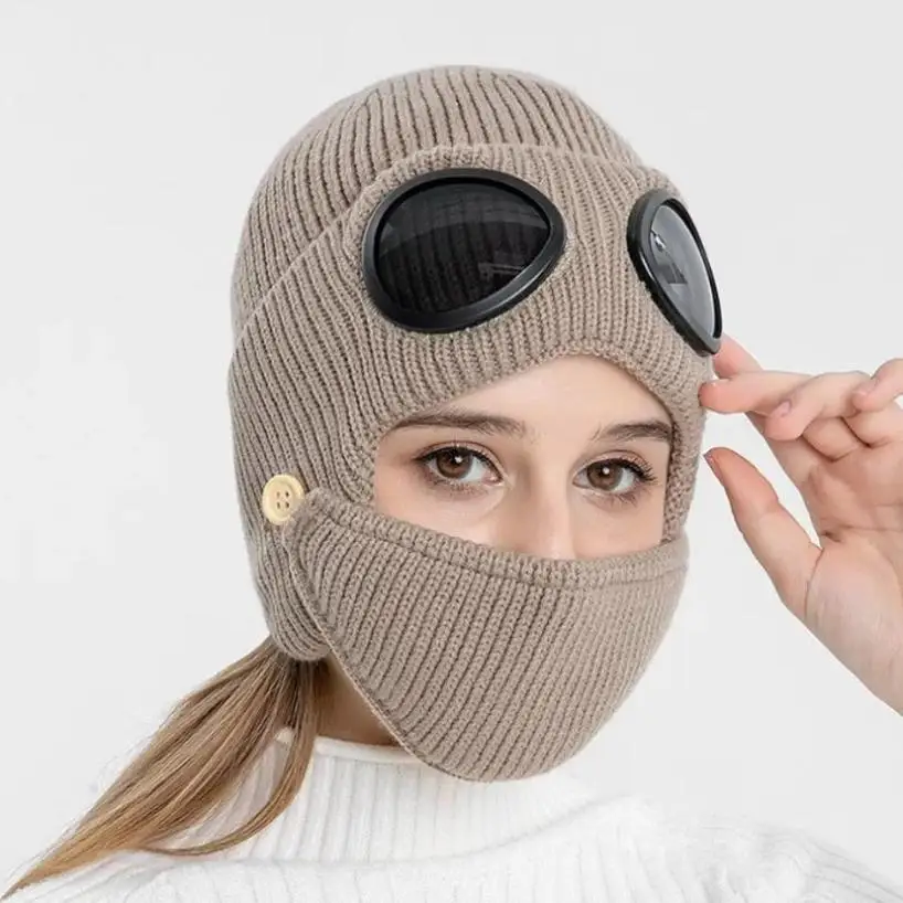 Gorro de punto coreano para mujer con orejeras y forro cálido