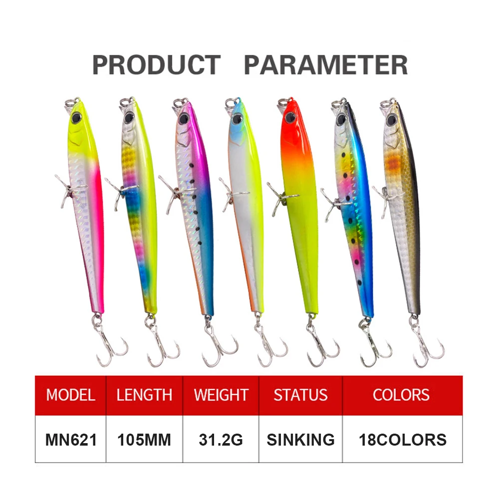 Señuelos de Pesca de 10,5 cm y 31,2g, cebo duro Artificial de fundición larga, Jerkbait, para pesca de lubina en agua de mar, Minnow Wobbler, MN621 - imagen 4