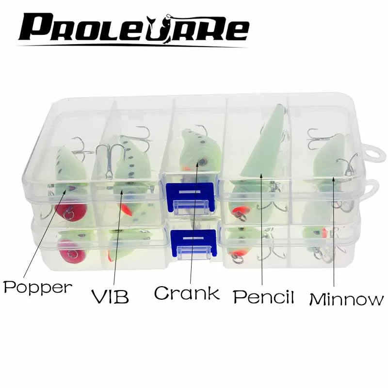5 uds señuelo de pesca nocturno Kit de cebo VIB Popper Crankbait Minnow lápiz cebo Artificial luminoso con caja de señuelos - imagen 3