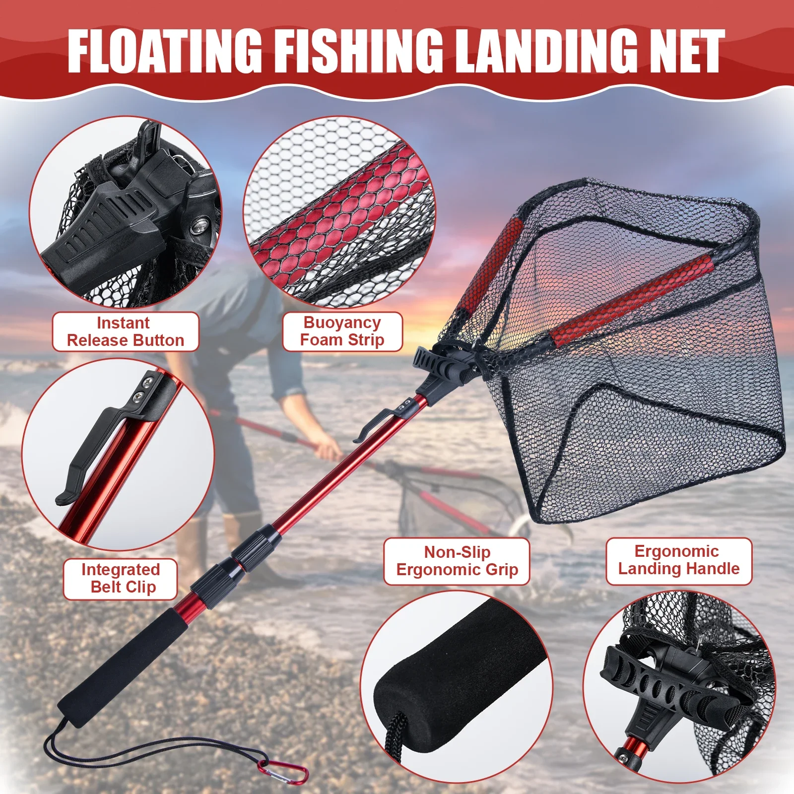 Red de pesca Goture, red de aterrizaje plegable telescópica, poste retráctil para Kayak/pez-gato/barro marino/grabes, aparejos de liberación para atrapar - imagen 5