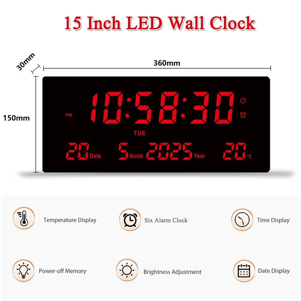 Reloj de pared digital tipo-C con temperatura, fecha y alarmas - imagen 2
