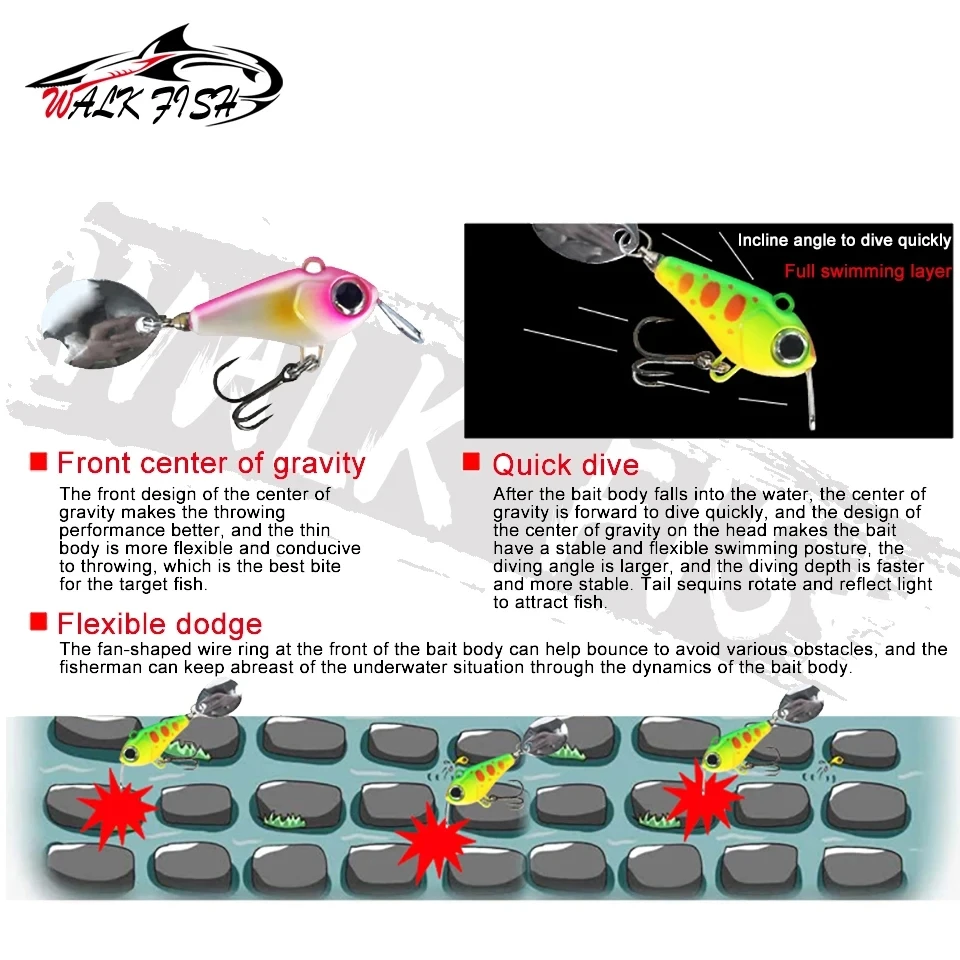 WALK FISH-Cebo giratorio de 15g/3,3 cm, señuelo de hundimiento de Lucio VIB, Wobblers, Crankbait Fly, cuchara de trucha de Pesca japonesa, cebo duro - imagen 4