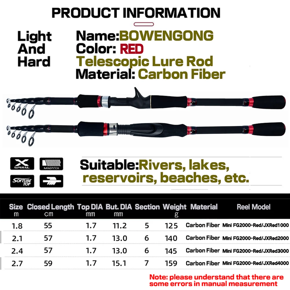 Combo de caña de pescar y carrete, 1,8 m-2,7 m, señuelo telescópico de carbono, relación de transmisión 5,5: 1/7, 2:1, carretes giratorios/fundición para Pesca de lubina - imagen 4