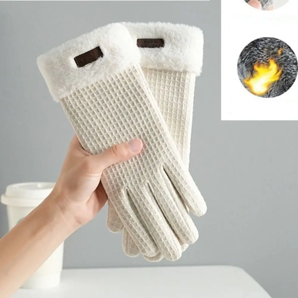 Nuevos guantes gruesos con dedos completos, guantes de mujer a prueba de frío con patrón de gofres, guantes de pantalla táctil de colores sólidos - imagen 4