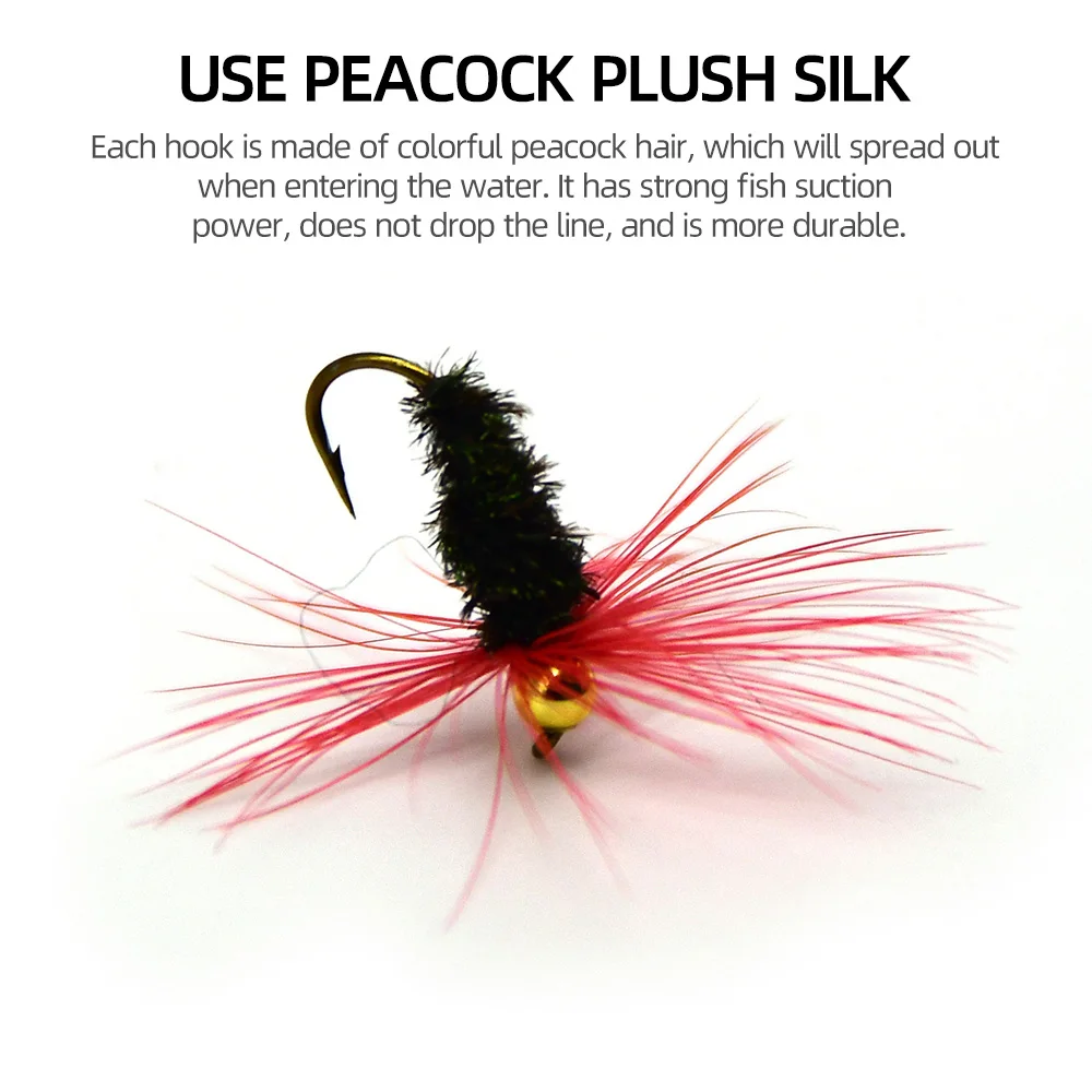 MNFT 10PCS 10 # Cabeza de cuentas doradas, cuerpo de pavo real, ninfa, trucha, moscas, insectos biomiméticos, cebo de pesca con mosca - imagen 3