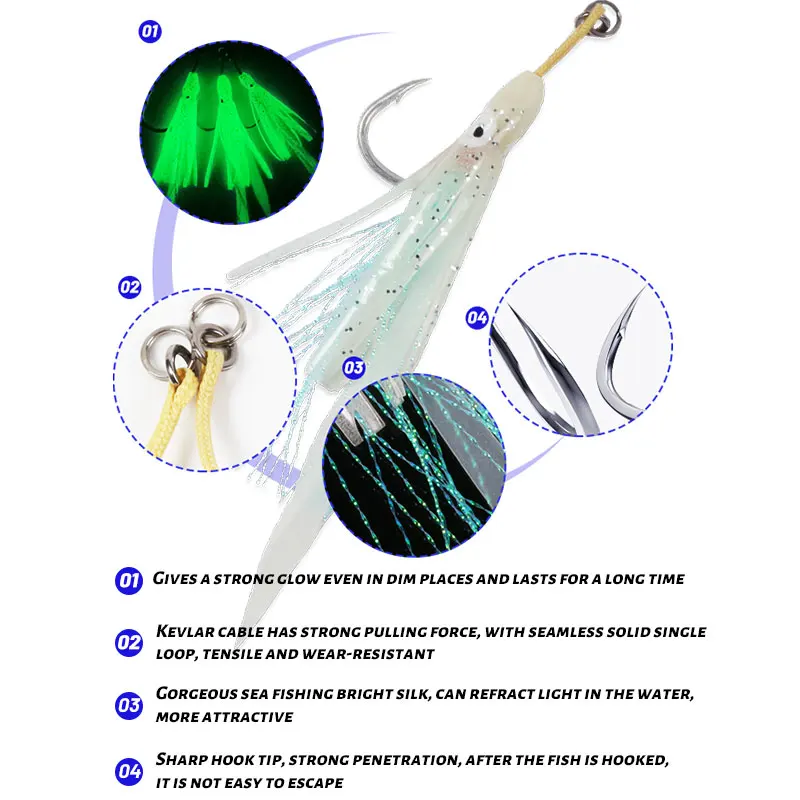 OBSESSION-anzuelo de pesca con púas individuales, anzuelo de pesca con sedal de Kevlar, de acero alto en carbono, brillo calamar, 2/0, 3/0, 5/0, 7/0, 3 unids/bolsa - imagen 3
