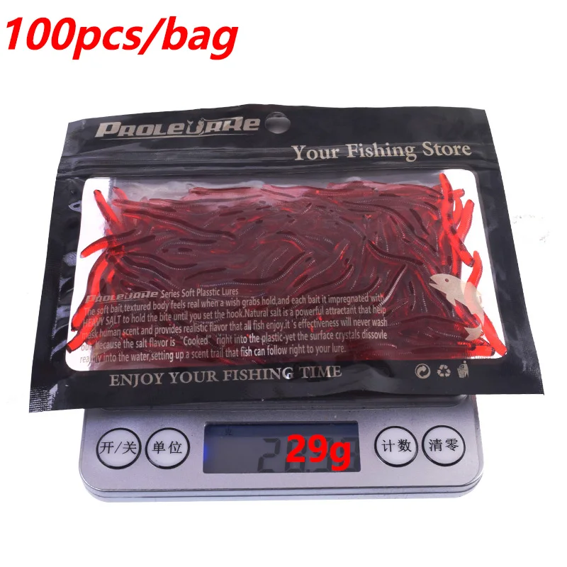 50 o 100 Uds. Señuelo suave de gusano rojo con olor a Camarón, 3,5 cm, aditivo de sal de lombriz realista, aparejo, cebo de insecto Artificial para carpa lubina - imagen 5