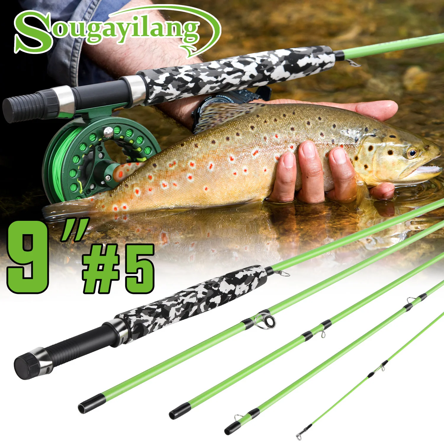 Sougayilang 2,7 M 5 secciones caña de pescar con mosca 9" # Cañas de pescar con mosca de fibra de carbono con mango de Metal, aparejos de pesca para lago y río, 5 - imagen 5