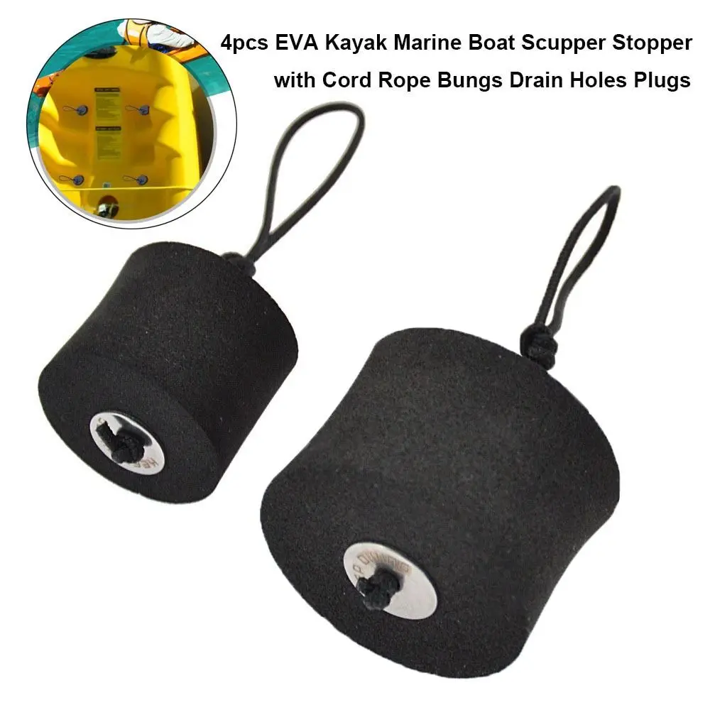 4pcs New EVA Kayak Marine Boat Scupper Stopper with Cord Rope Bungs Black Paddle Drip Rings 2 Sizes Drain Holes Plugs