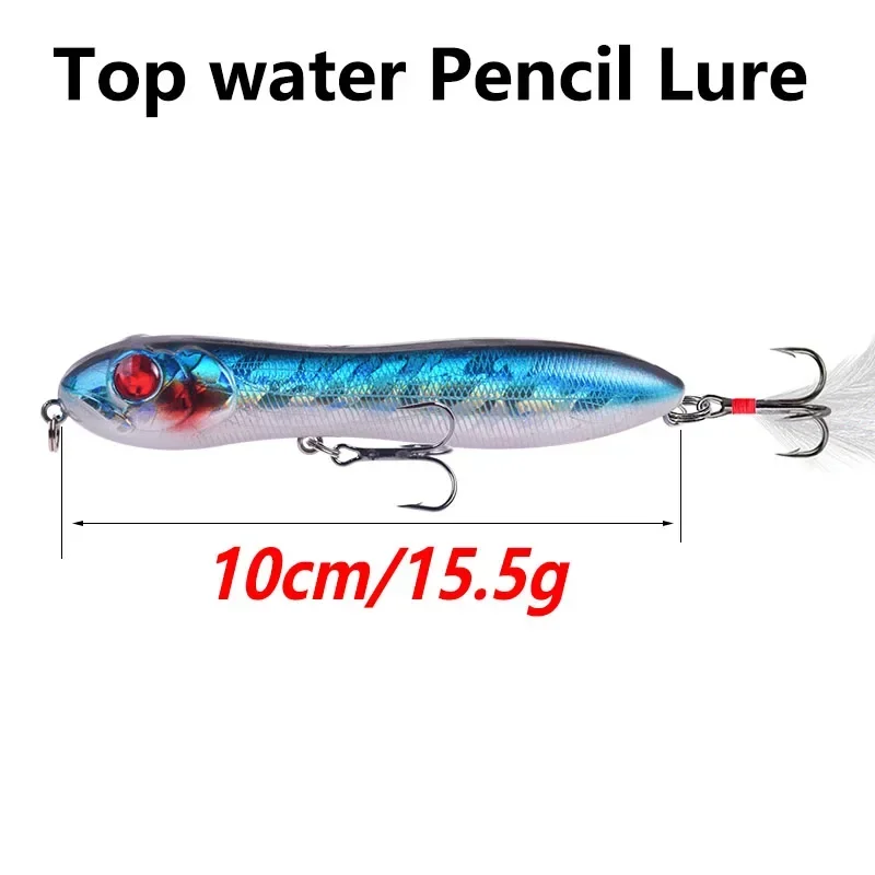 Señuelo de pesca con lápiz Topwater, 10cm, 15,5g, Wobblers de plástico flotantes Popper, cebo Artificial con anzuelos de plumas, aparejos de pesca, 1 ud. - imagen 3