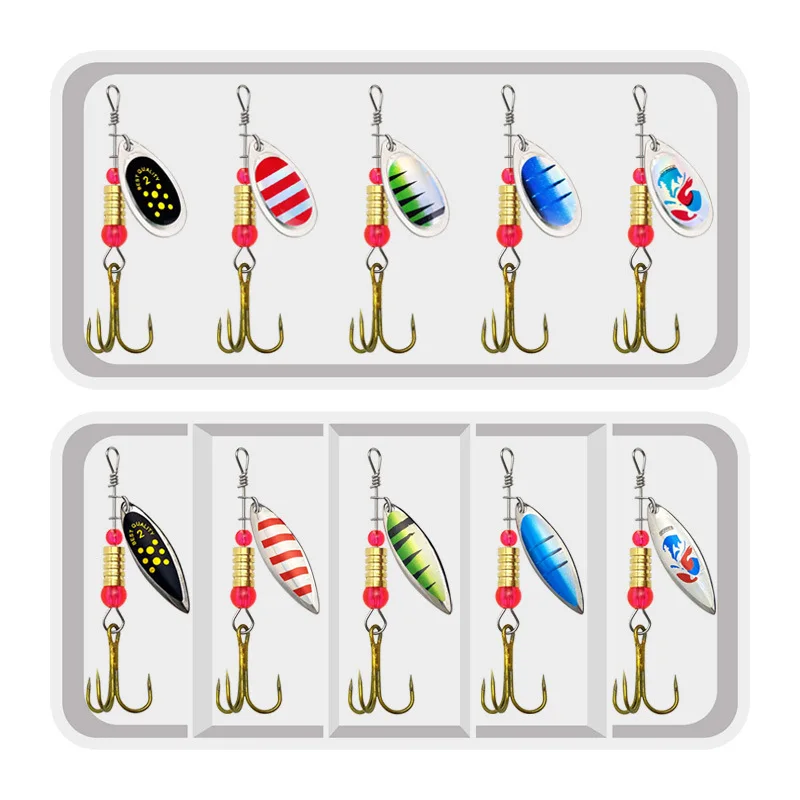 Señuelo de pesca Spinner, cucharas giratorias, 10 piezas, Kit de señuelos, cebos compuestos, cebo giratorio de 3,5g, anzuelos triples - imagen 2