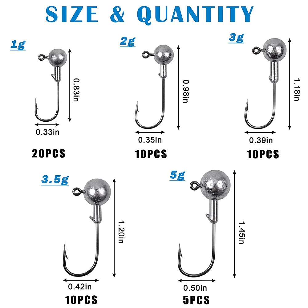 55 Uds. Anzuelos de pesca con cabezas de anzuelo, anzuelo de tipo Crappie sin pintar, anzuelos de gusano de fútbol, anzuelo de pesca con señuelo suave para lubina, trucha, suelo, agua salada - imagen 2