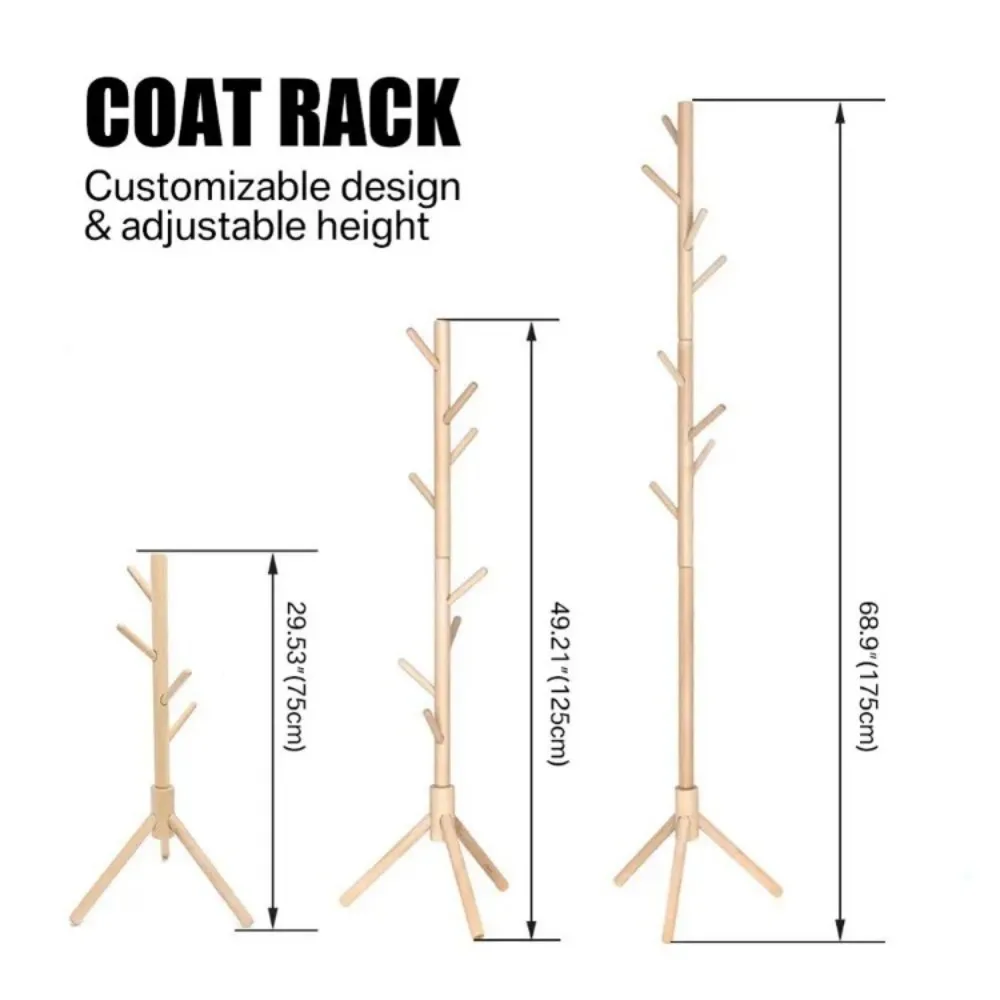 Perchero de madera independiente para niños y adultos, Perchero de árbol con 8 ganchos, 3 opciones de altura para dormitorio, entrada de oficina - imagen 2