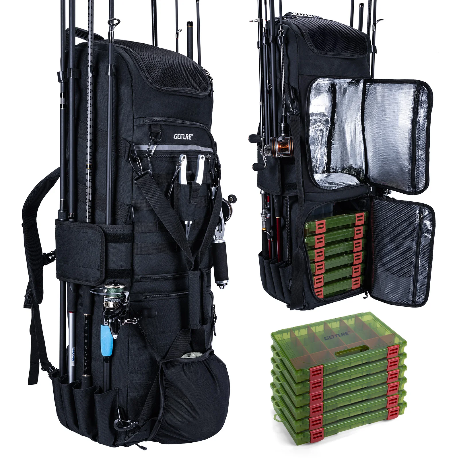 Goture-bolsa grande para aparejos de caña de pescar, 3 capas, 116L, 99x47x28cm, Oxford 600D con múltiples bolsillos, con capa aislante, bolsa para acampar y cazar