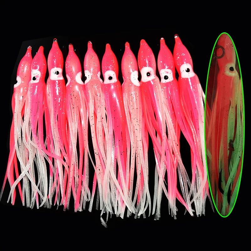 10 unids/lote 12cm falda luminosa de calamar pulpo de agua salada Señuelos de pesca de plástico suave faldas de curricán para lubina salmón trucha - imagen 4