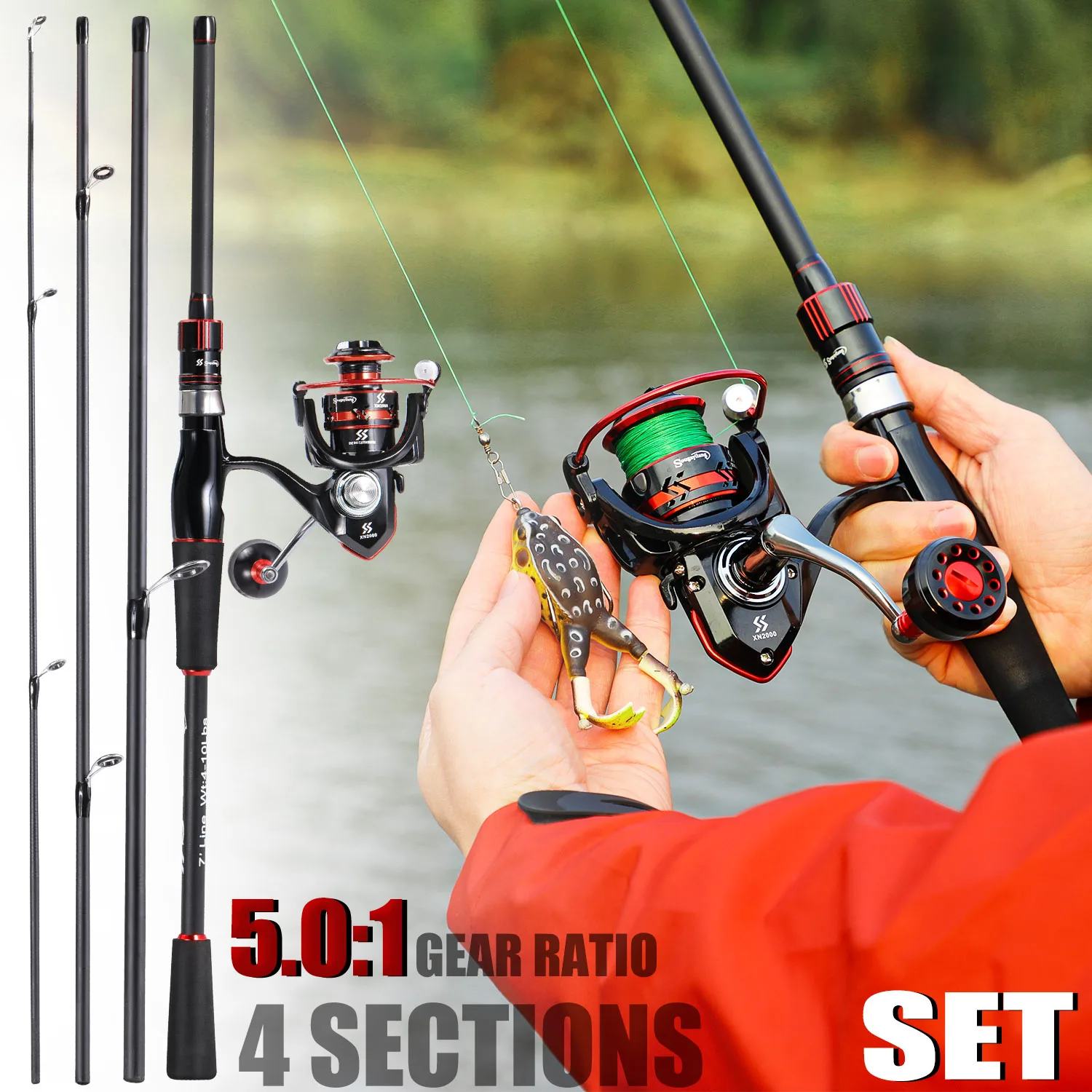 Sougayilang-Juego de Pesca giratorio, caña de pescar de fibra de carbono de 4 secciones y carrete de Pesca 2000-4000 5,0:1, Combo de viaje, 1,8-2,1 m