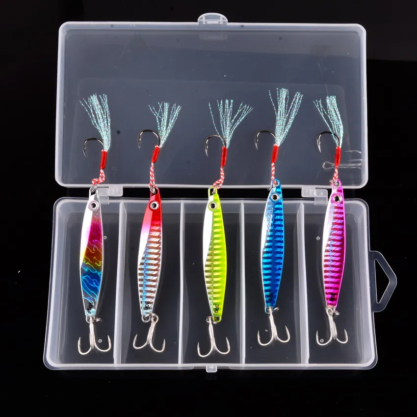 Señuelos de Metal para pesca, cebo Artificial de 7-40g, cuchara de Jigging rápida, caja de aparejos de agua salada superdura, 5 unids/caja - imagen 3