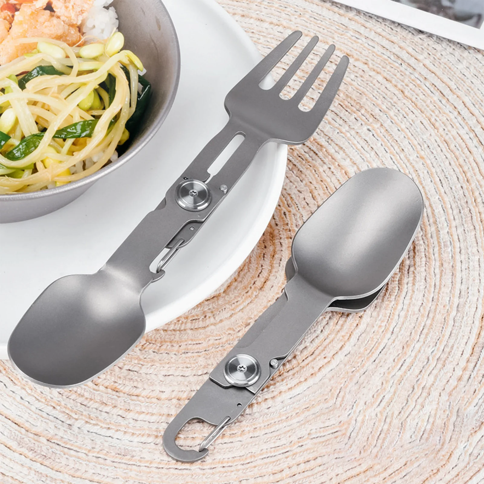 Draagbaar Zakbestek Titanium Opvouwbaar 2in1 Lepel Vork Duurzaam Metaal Servies Voor Buiten Kamperen Picknick BBQ Gebruik 1pc - imagen 5