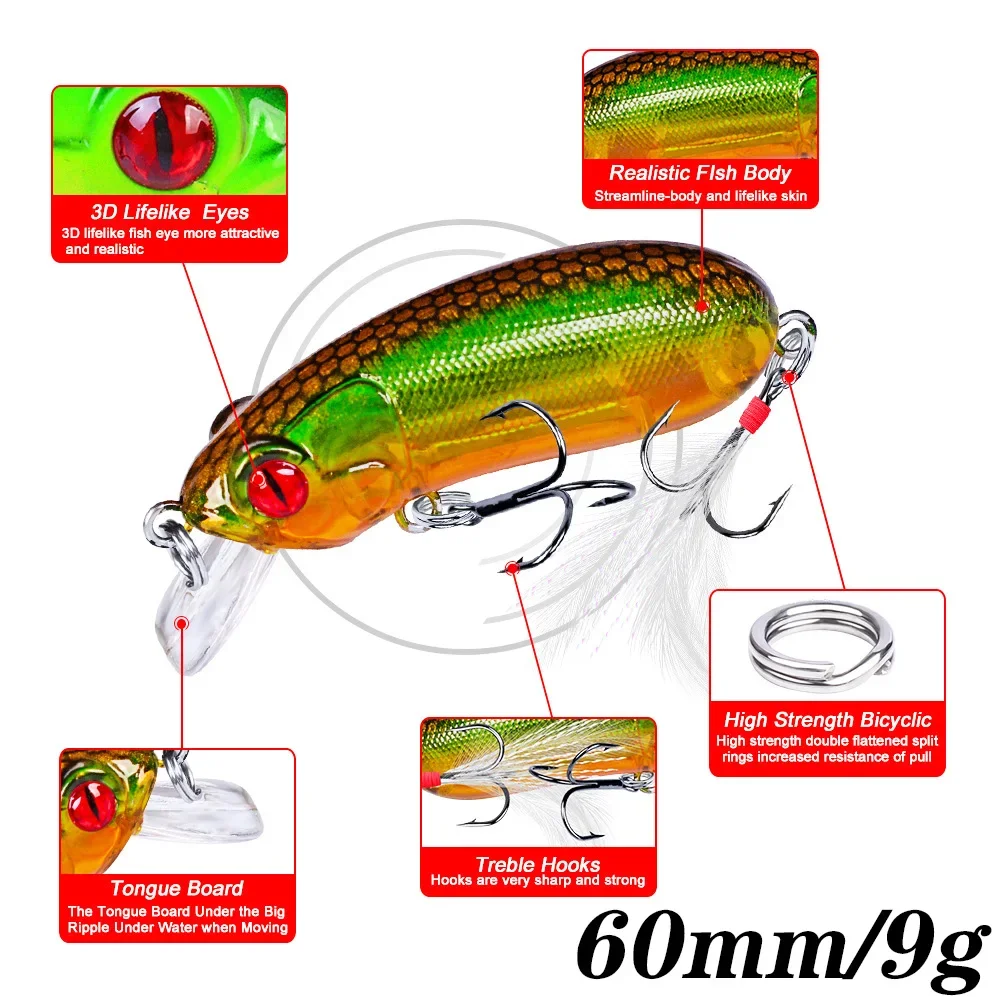 Juego de Señuelos de Pesca de colores mezclados, 8 Uds., 6cm, 9,2g, Kit de aparejos de Wobblers duros, cebos artificiales con anzuelo, Swimbait de buceo, Pesca - imagen 2