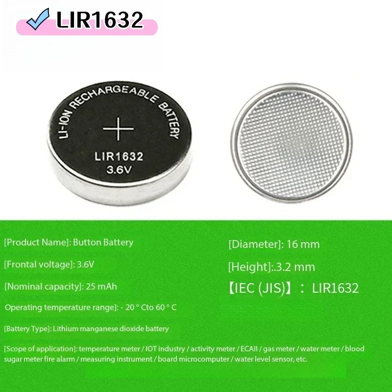 Batería recargable LIR1632 3.6V – Pila de litio compatible CR1632 - imagen 2