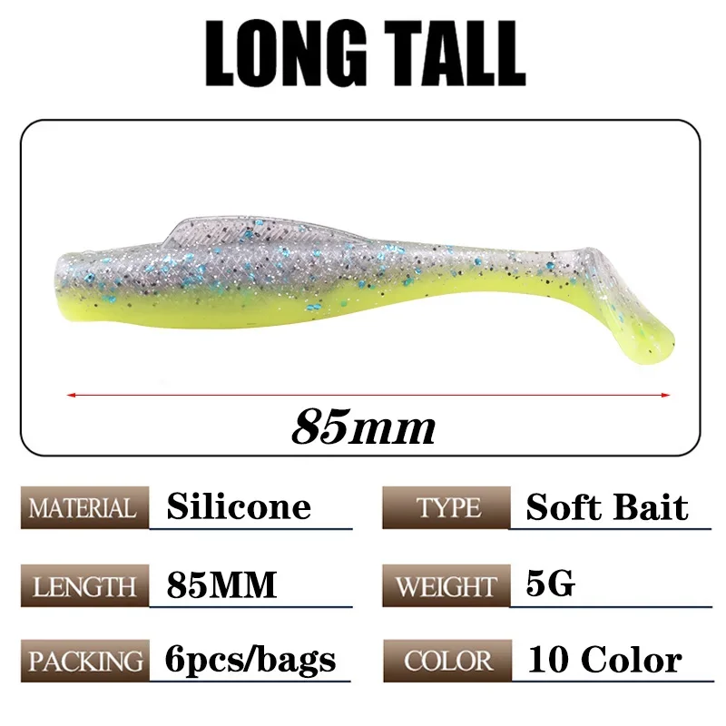 6 unids/lote T cola señuelo suave 8,5 cm 5g flotador TPR cebo de silicona para lubina pesca en el mar Swimbait Jig Wobblers aparejos de goma Artificial - imagen 2