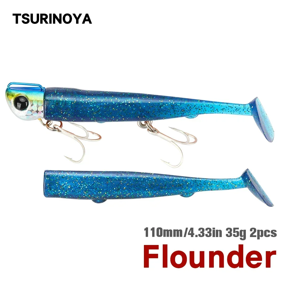 TSURINOYA-Jig Head de fundición larga, juego de señuelos blandos con cola en T, 110mm, 35g, 2 uds., señuelo de pesca que se hunde, cebo Artificial, Wobbler de lubina - imagen 3