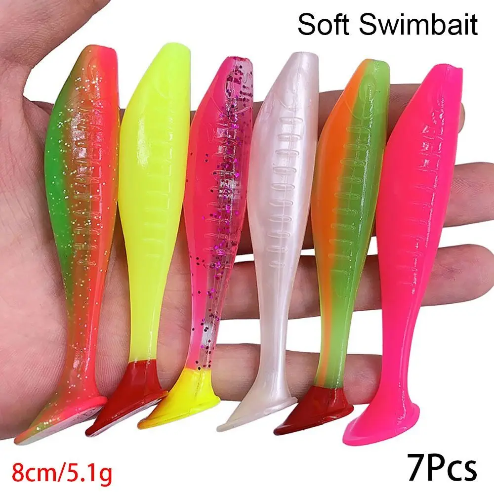 7 Uds duradero cola en T suave Swimbait flotante TPR paleta señuelo de pesca 8cm 5,1g cebos de pesca de alta elasticidad - imagen 5
