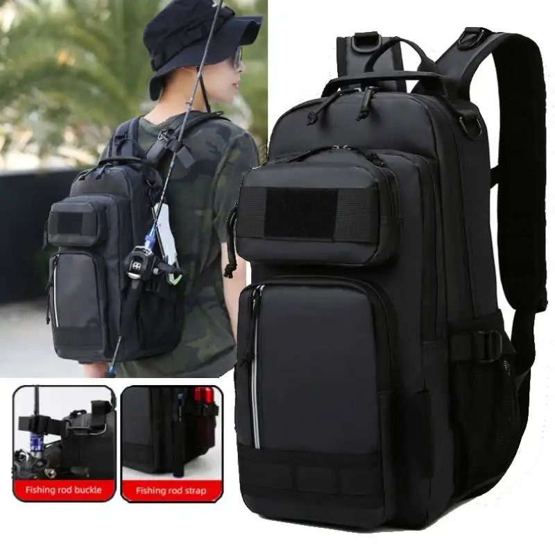 Mochila para aparejos de pesca, bolsa de caza Molle con soportes para cañas, bolsas de almacenamiento de cebo para escalar al aire libre para hombre, mochila deportiva para senderismo