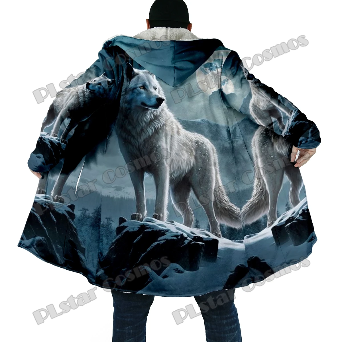Capa con capucha de lana estampado 3D lobo púrpura unisex