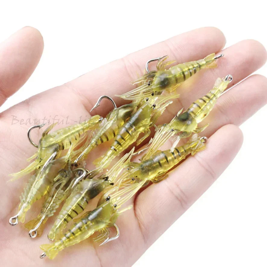 Cebo Artificial de silicona para camarones luminosos, simulación de gambas suaves con ganchos, aparejos de pesca Wobbler de carpa/señuelo/accesorios, 10 Uds. - imagen 2