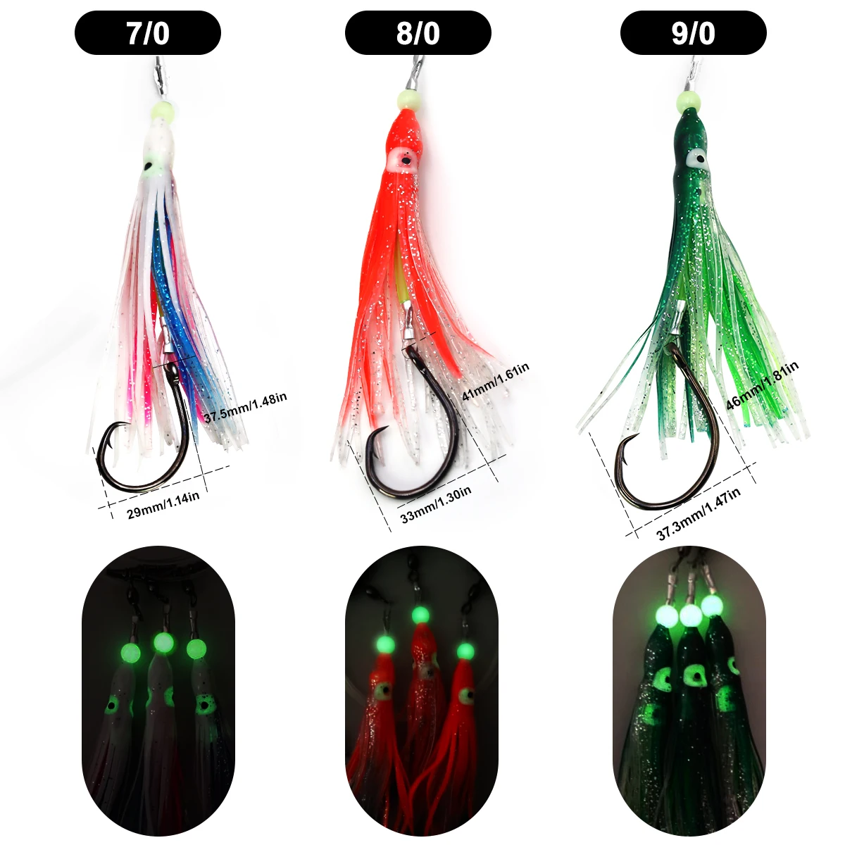 ZYZ Plataformas de pesca en el mar con 7/0 #   8/0 #   9/0 #   Anzuelos circulares negros, cebo falso de pulpo luminoso, anzuelos de pesca de agua salada - imagen 3