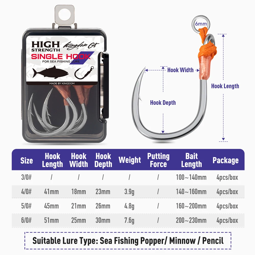 Kingdom 4 unids/caja GT pesca en el mar gancho individual 3/0 4/0 5/0 6/0 anzuelos de acero al carbono de alta resistencia anzuelo de púas para pesca en el mar - imagen 2