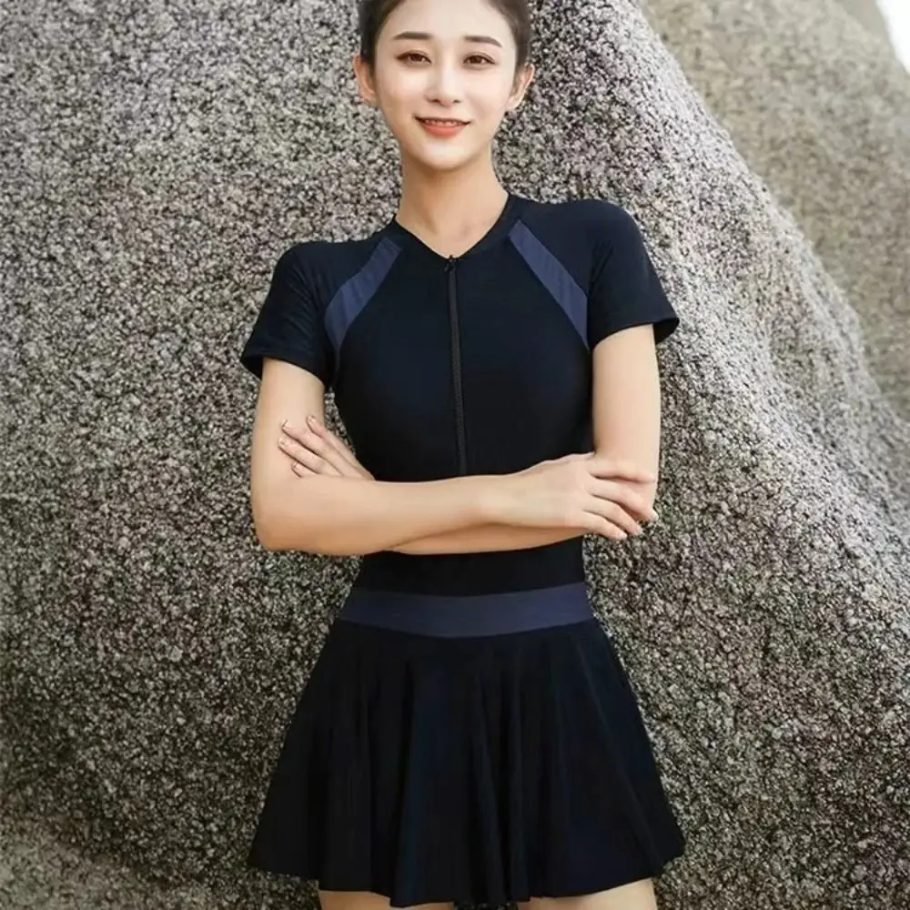 Traje de baño con falda y cremallera de manga larga de Color sólido, ropa de playa con traje de baño acolchado de aguas termales, traje de baño de piscina de estilo deportivo Ins - imagen 4