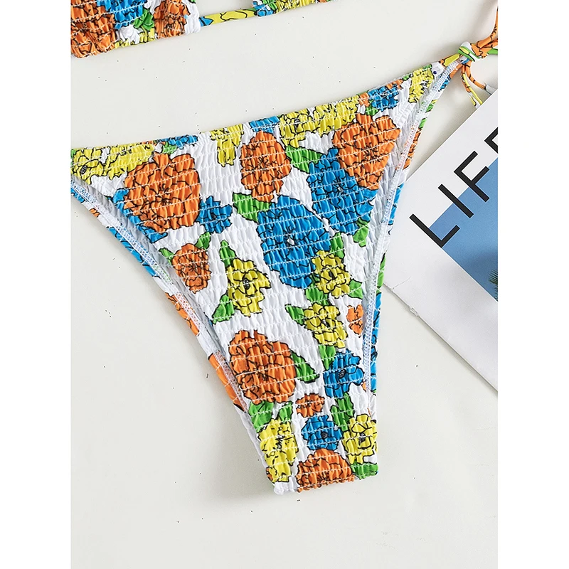 Bikini triangular con cuello Halter para mujer, conjunto de dos piezas con estampado de flores, plisado, con lazo lateral, traje de baño Sexy - imagen 3