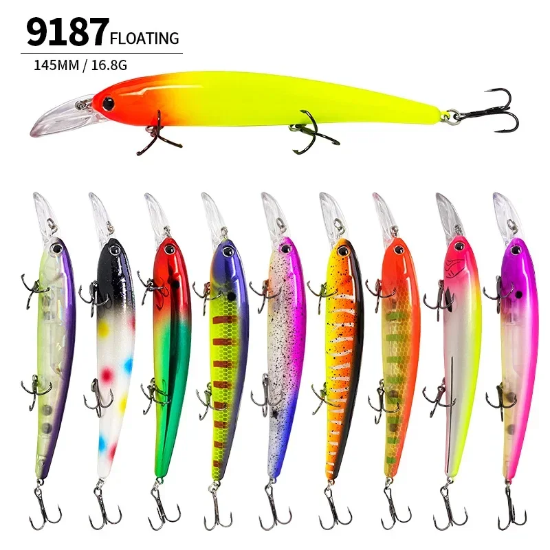 Señuelos de Pesca Minnow flotantes grandes y delgados, anzuelos de tiro largo, Wobbler para Lucio, Swimbait, aparejos de cebo duro Artificial, 145mm, 16,8g - imagen 2