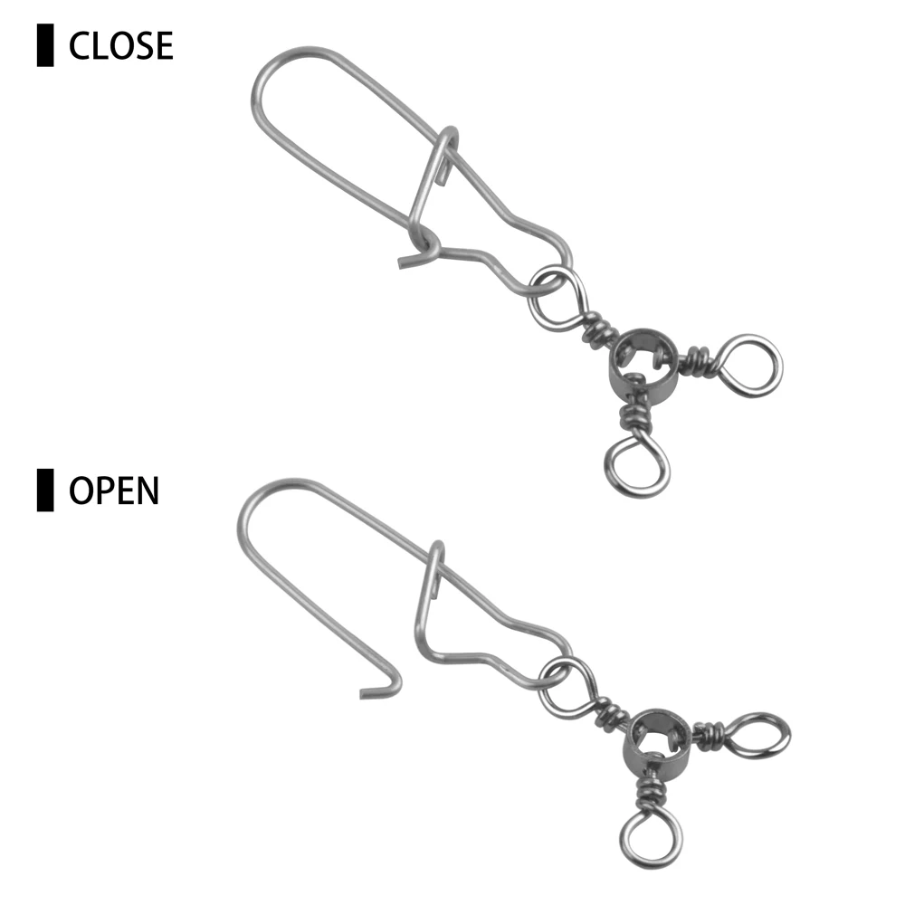 Broches giratorios de 3 vías, 50 piezas, acero inoxidable, línea cruzada, cierre Duo, barril de agua salada, Conector de aparejos de pesca triples giratorios - imagen 3