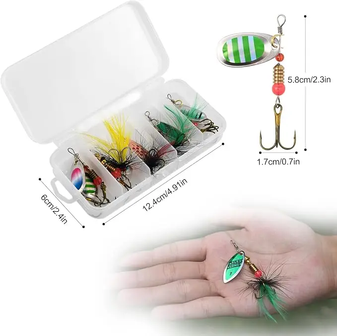 Goture-Juego de señuelos giratorios de Metal, 8 Uds., cebos duros, cuchillas ultrarreflectantes, caja de aparejos de ojos 3D, agua dulce y salada para lubina/trucha - imagen 4