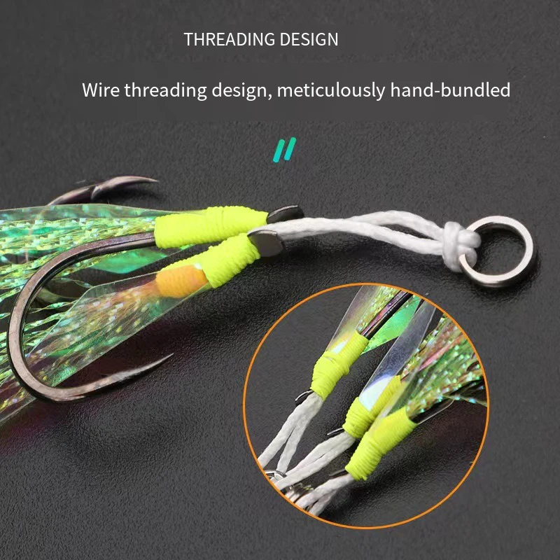 Falda reflectante de piel de pescado, anzuelo de asistencia doble Siingle, plantilla de Metal verde, gancho de acero rico en carbono con asistencia para pesca marina, 10 Uds. - imagen 4