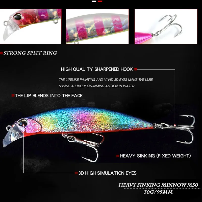 Cebo de pececillo que se hunde, 30g, Señuelos de Pesca, cebo duro con ojos 3D para aparejos de pesca, pesca en aguas profundas, 1 Uds. Con anzuelos dobles, lubina - imagen 3