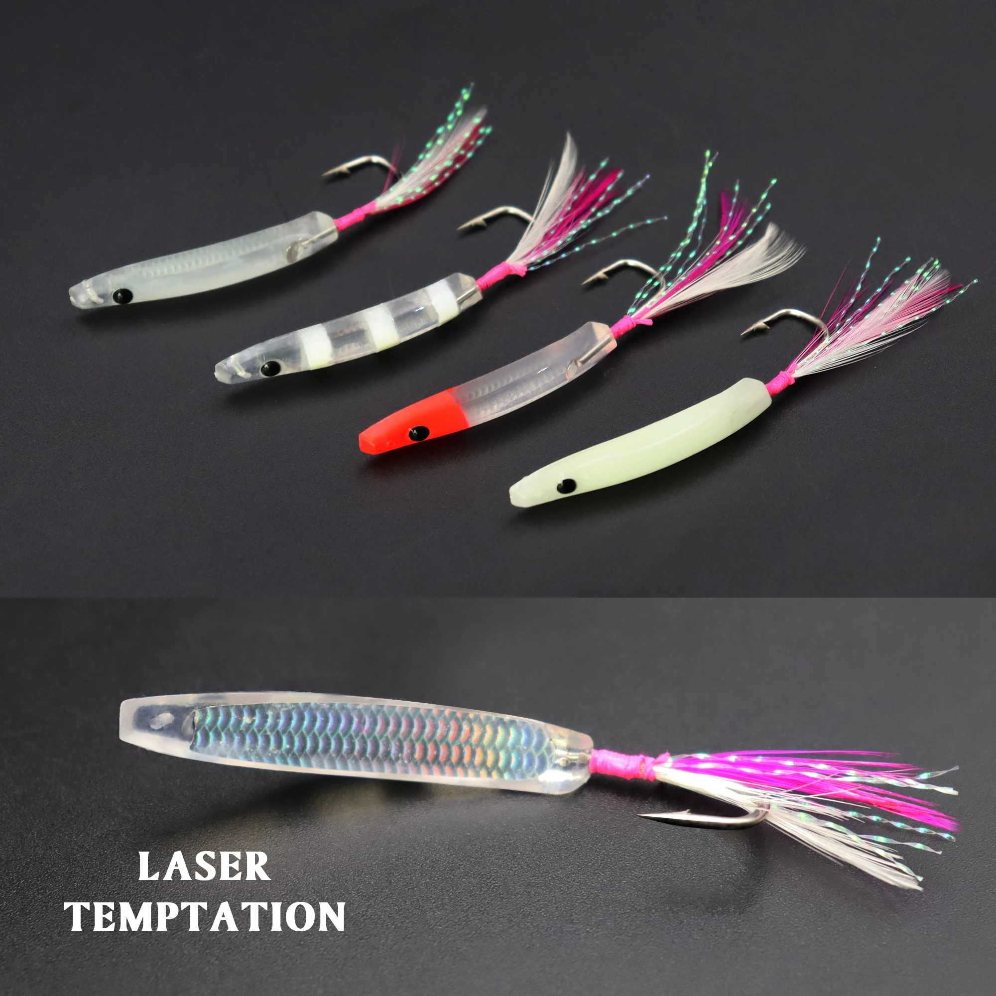 ZYZ-ganchos de cuerno de arco para pesca con curricán, 2 uds., 4CM, plantilla de plumas brillantes, anzuelos a juego, cebo Topwater, aparejos de pesca de mar - imagen 5