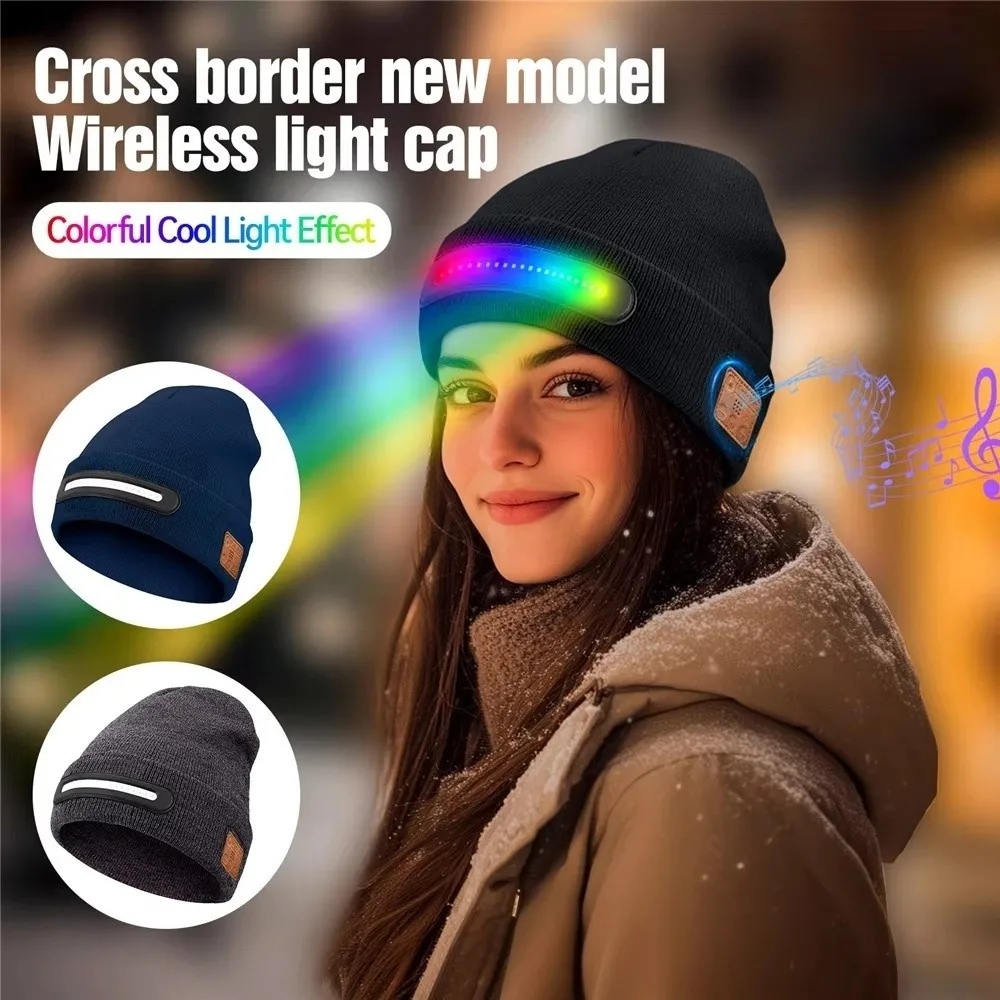 Gorro con luz LED recargable por USB, altavoz incorporado con micrófono, gorro inteligente desmontable con Bluetooth, gorro tejido con iluminación de tres etapas