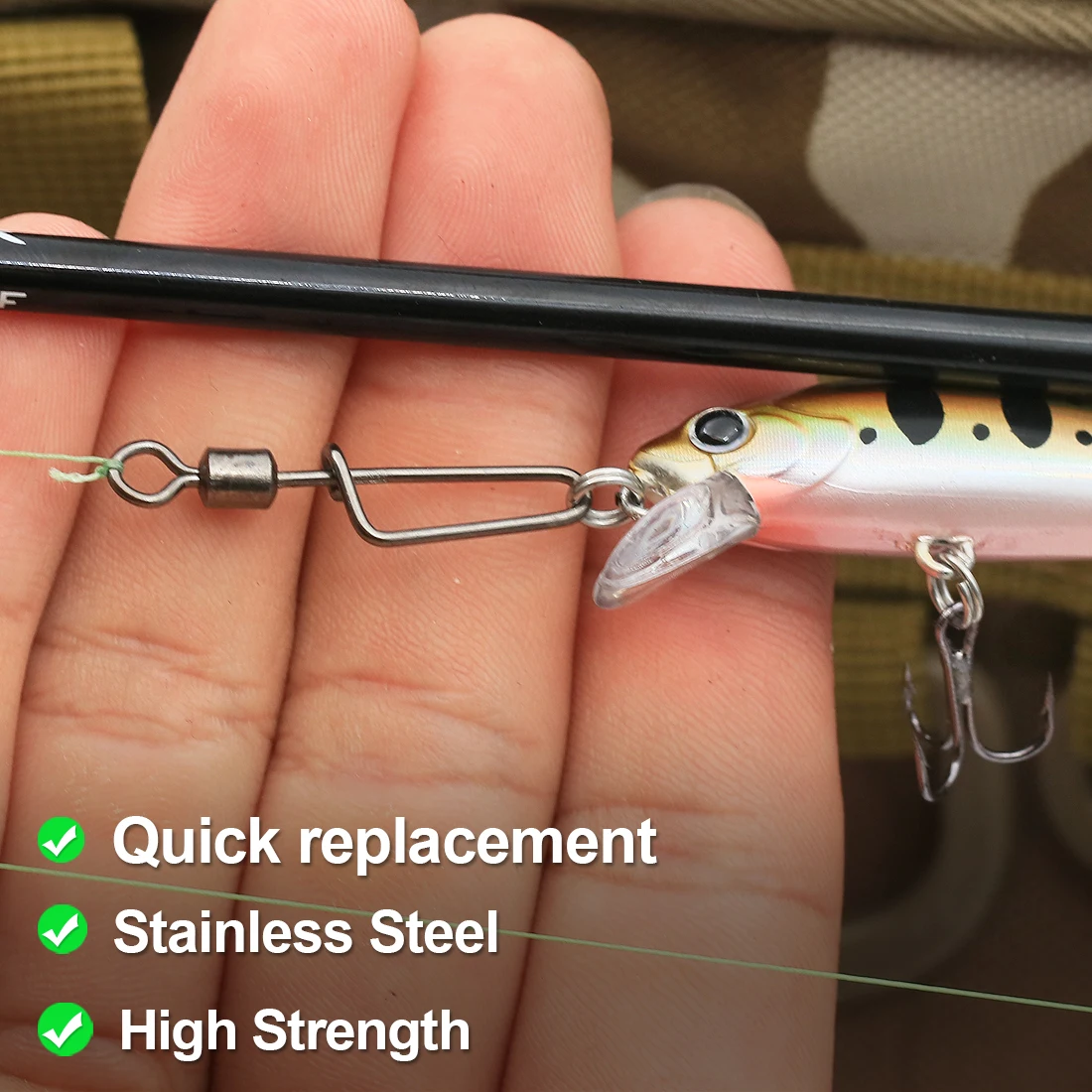 FishTrip 50 Uds. Clips giratorios giratorios para pesca, conector de pesca, mosquetón de acero inoxidable, aparejos terminales a presión de cambio rápido - imagen 4