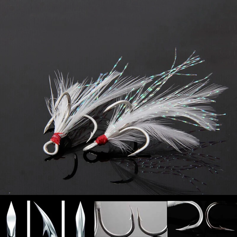 200 anzuelos triples con plumas, anzuelos de púas con ranura de acero rico en carbono, señuelo de agua salada marina, accesorios de Pesca, aparejos de Pesca - imagen 3