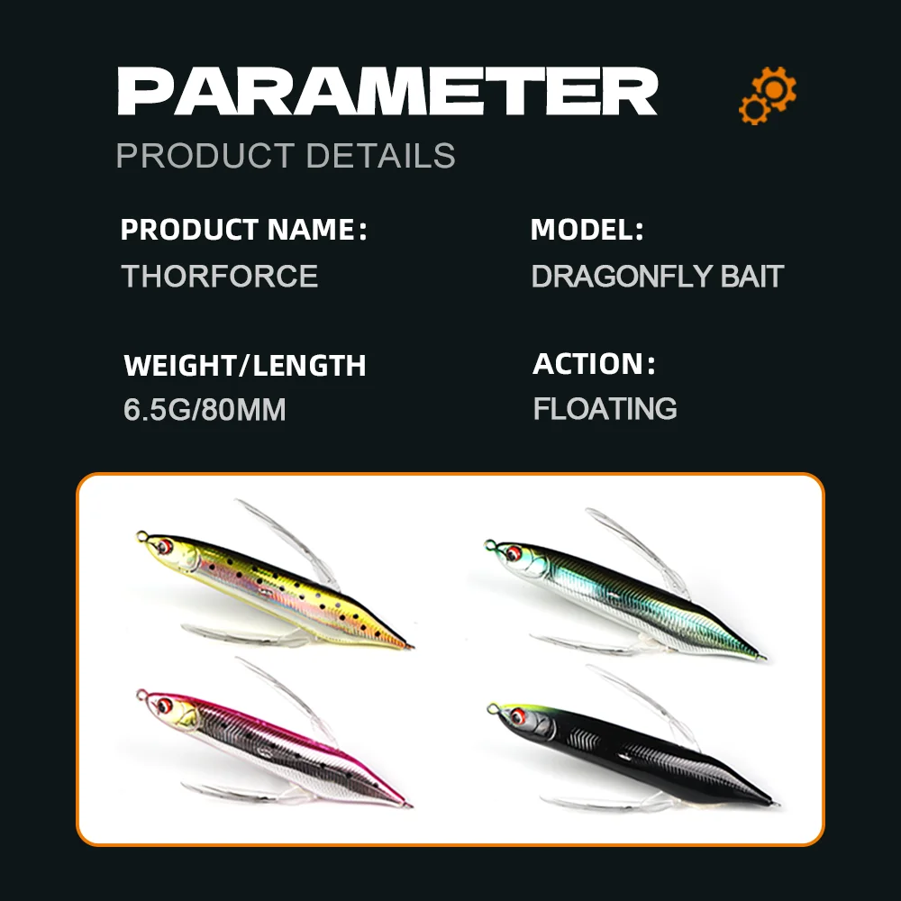 THORFORCE-cebo de pececillo de libélula, 80MM, 6,5G, Señuelos de pesca en superficie, Wobblers flotantes, señuelo de insectos con alas, lápiz, Lucio - imagen 4