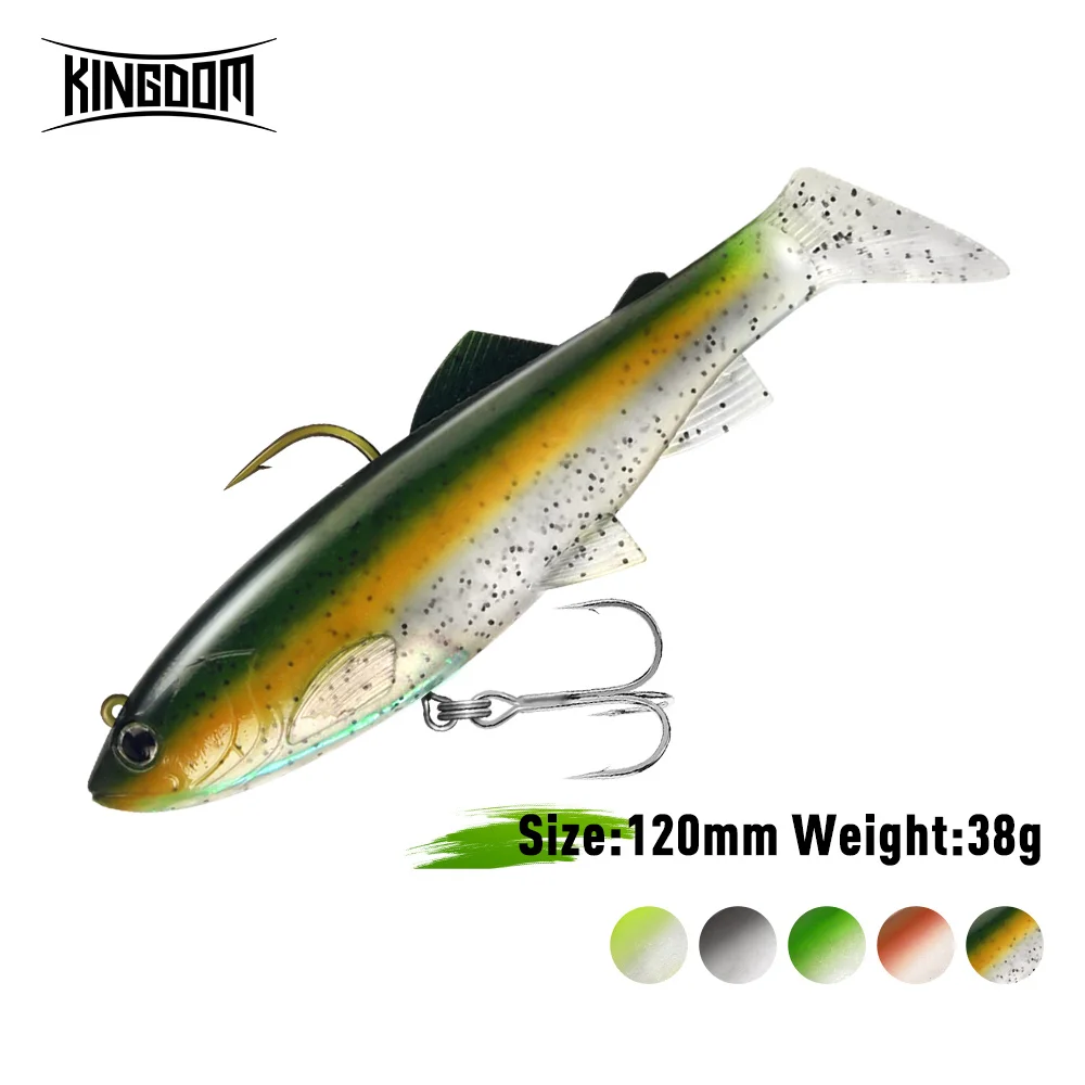 Señuelo de Pesca Kingdom suave, 38g, 120mm, cola Artificial en T, cebo de silicona, anzuelos triples, Swimbait Wobblers, aparejos de Pesca lubina - imagen 2